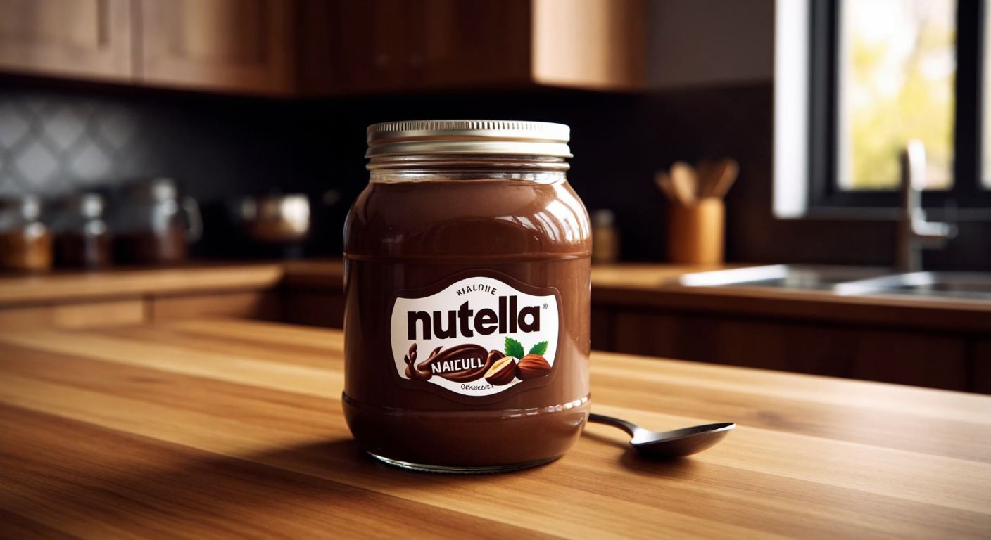 A glass jar of Nutella with a smooth, chocolate-hazelnut spread inside, placed on a wooden kitchen counter in a cozy Turkish home, with a small spoon resting beside it.
