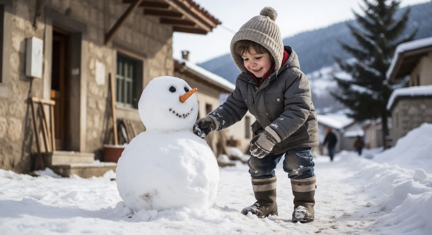 A smiling child in a winter coat and gloves carefully shapes a round snowball for a snowman's head in a snowy Turkish village, with a half-built snowman body beside them.