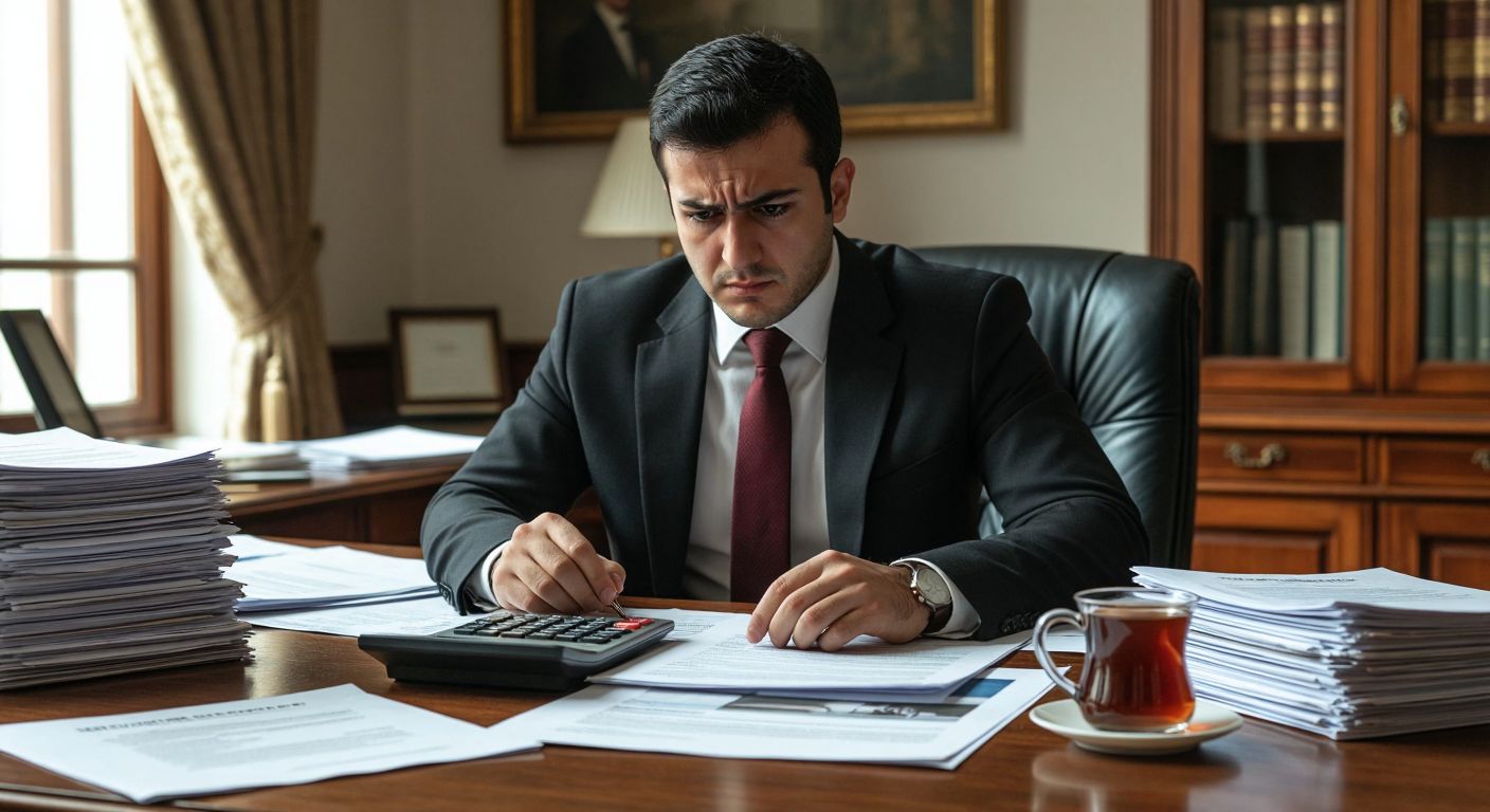A Turkish professional in a formal office setting, frowning slightly while reviewing documents with a calculator and a printed copy of the Resmi Gazete on a wooden desk, surrounded by stacks of paperwork and a steaming cup of Turkish tea.