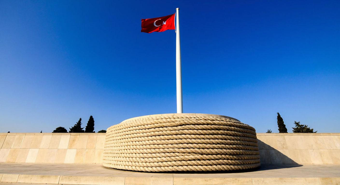 A towering Turkish flagpole at Anıtkabir with a long, thick rope coiled neatly at its base, stretching into the distance against a clear blue sky.