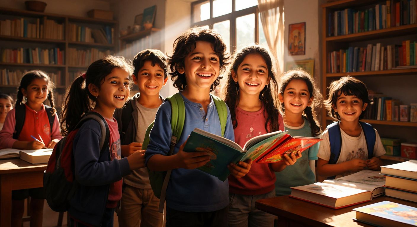 A joyful group of Turkish children, aged 8-12, smiling brightly as they receive colorful books in a sunlit classroom, with shelves filled with books in the background.