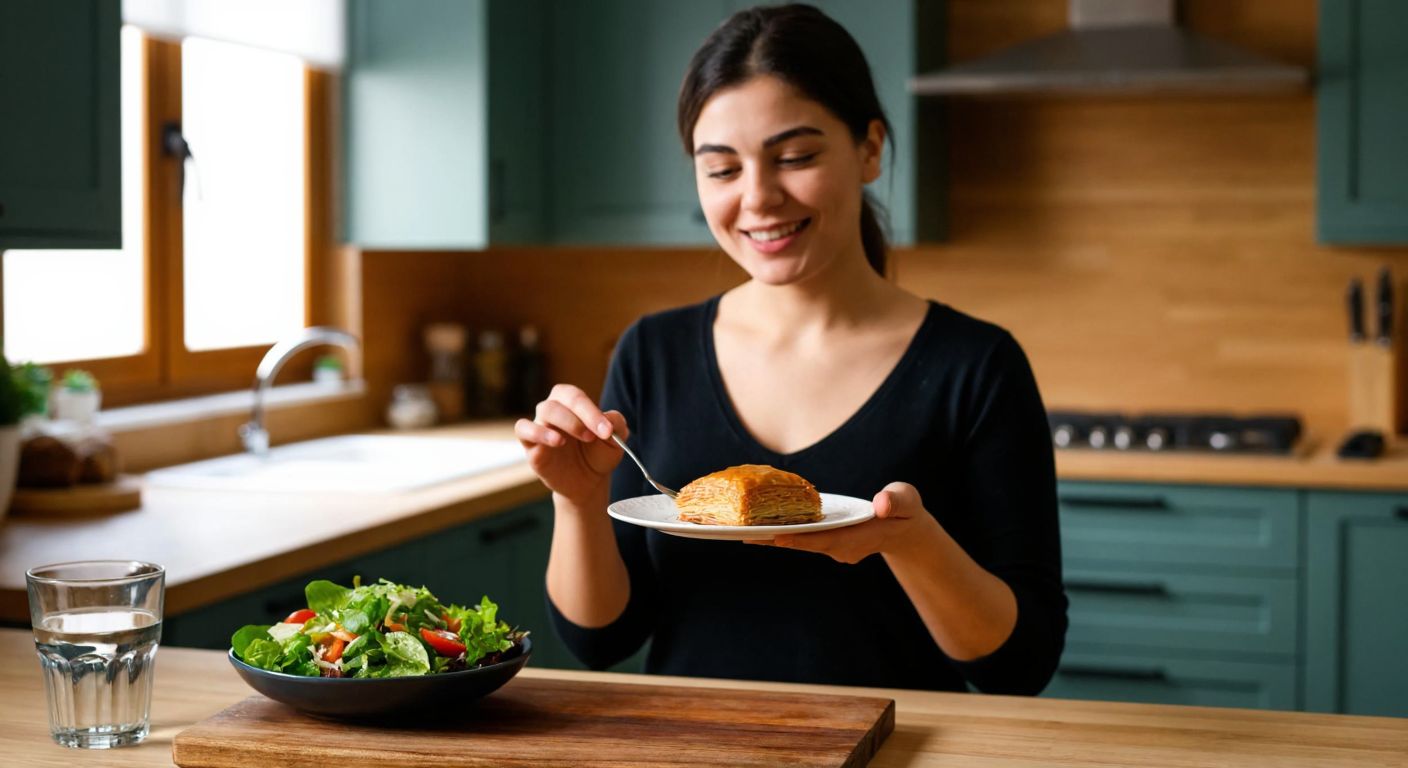 A smiling Turkish woman in a kitchen carefully holding a single golden piece of baklava on a small plate, with a bowl of fresh salad and a glass of water nearby, conveying balance and mindful indulgence.