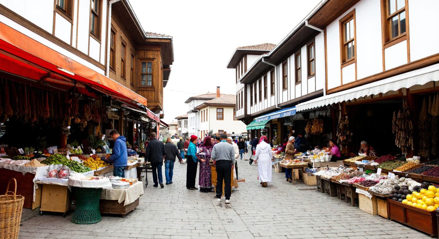 A bustling Safranbolu market scene with vendors selling fresh produce, spices, and handmade crafts under colorful awnings, surrounded by historic Ottoman-era wooden houses and cobblestone streets.