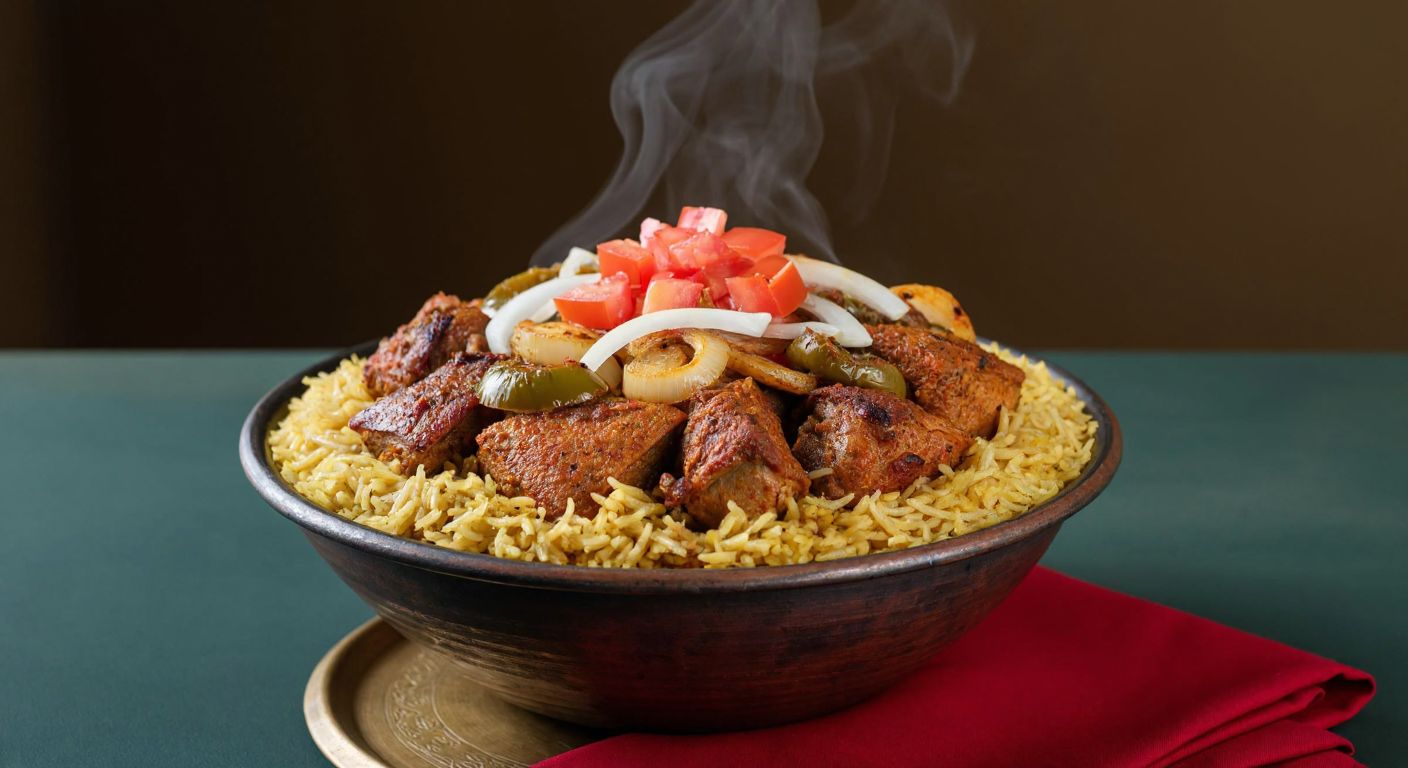 A steaming plate of golden rice topped with tender, spiced turkey pieces, garnished with sautéed onions, diced tomatoes, and green peppers, resting on a traditional Turkish ceramic dish.