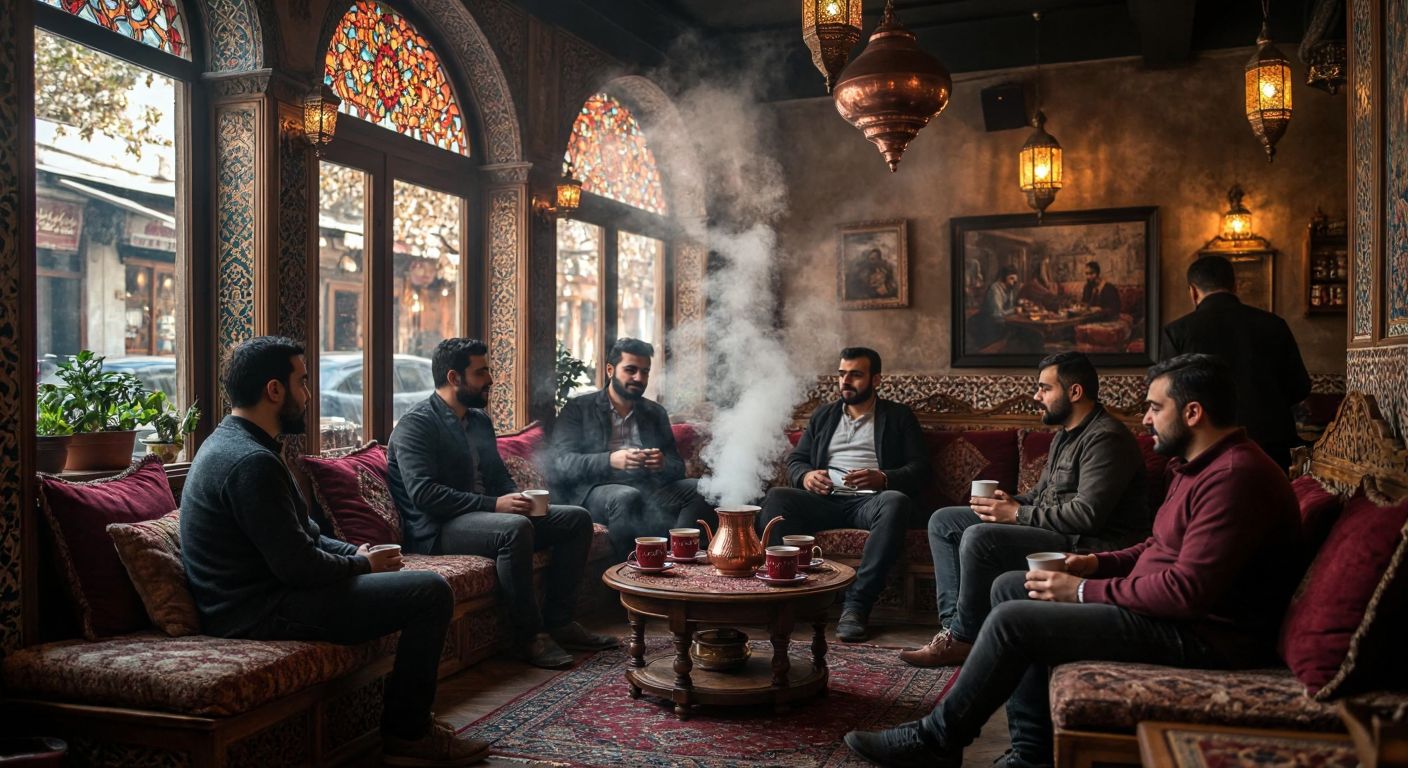 A cozy, dimly lit traditional Turkish coffeehouse with ornate copper nargile pipes, plush cushions, and steaming cups of Turkish coffee, where a group of relaxed patrons enjoy conversation in a warm, smoke-filled atmosphere.