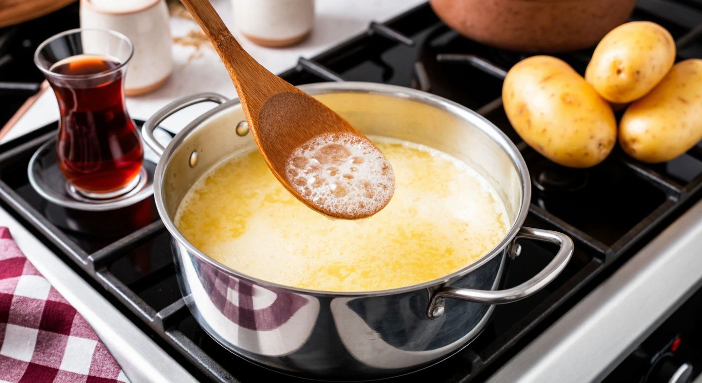A bubbling pot of golden oil on a stove, with a wooden spoon scooping out foam, surrounded by fresh-cut potatoes and a steaming cup of Turkish tea on a checkered kitchen towel.
