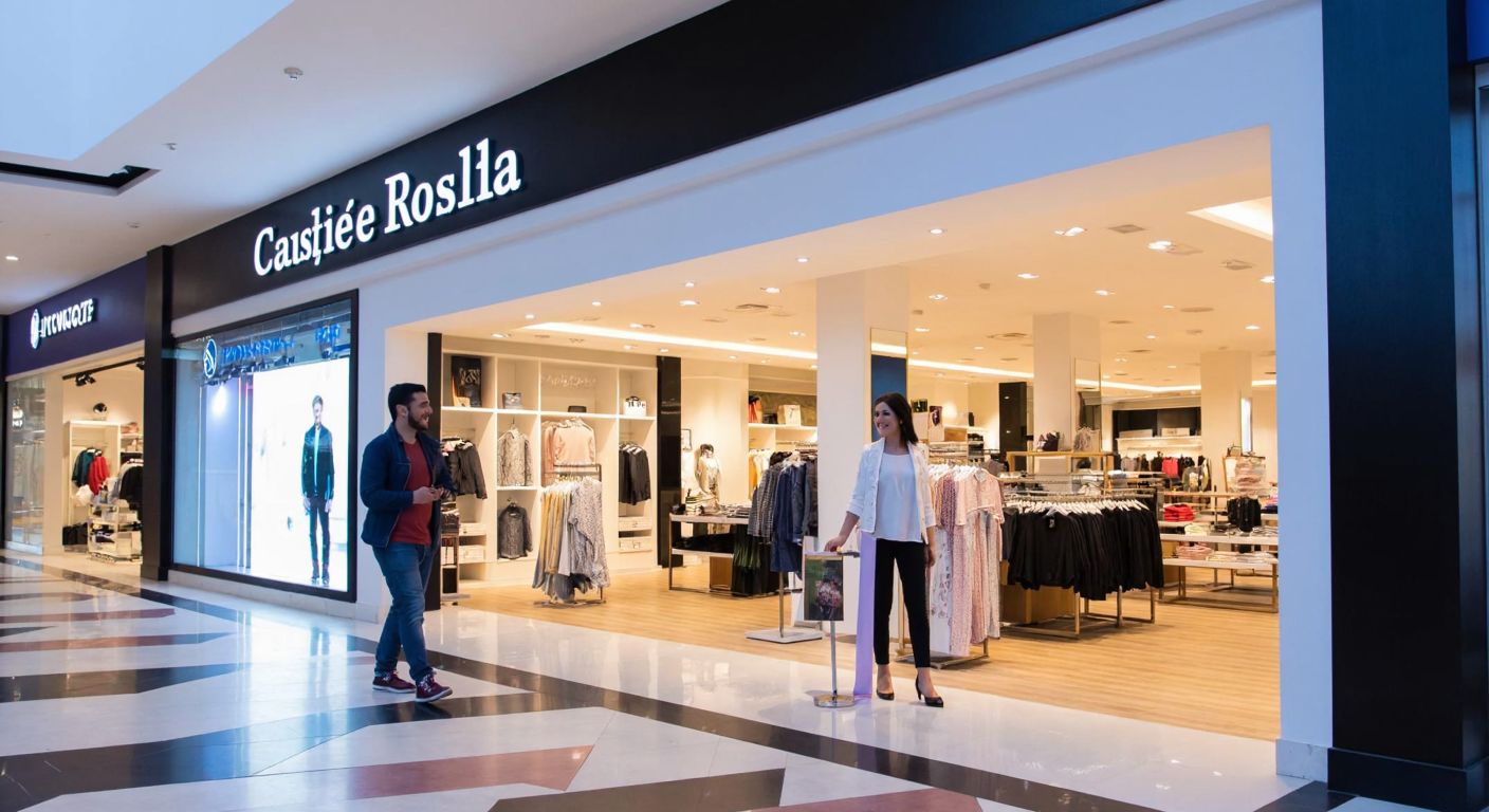 A modern shopping mall interior in Kocaeli, Turkey, with a well-lit storefront displaying stylish clothing, where a smiling shop assistant greets a curious customer.