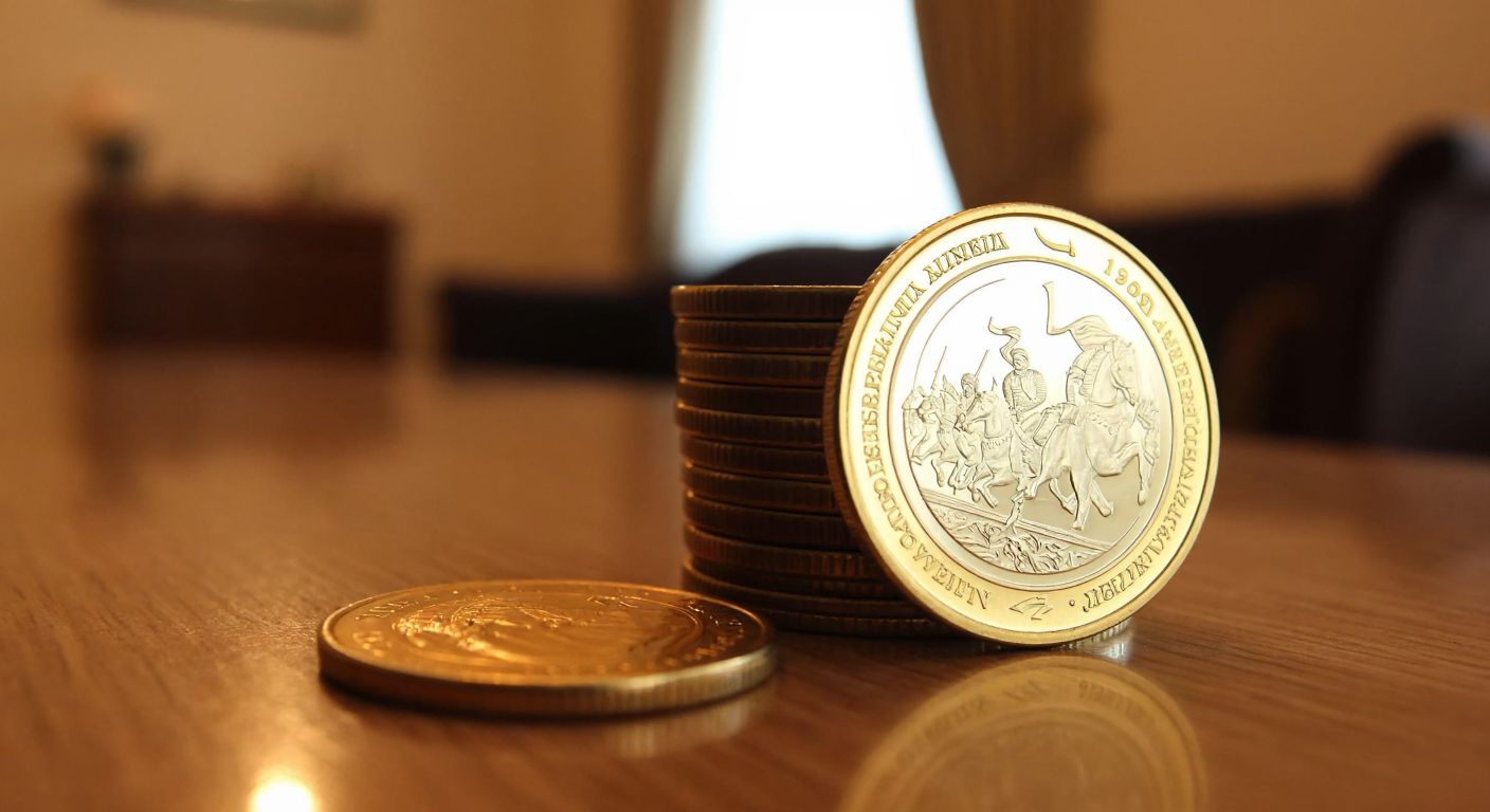 A gleaming stack of commemorative 1 TL coins with intricate designs, featuring motifs of historical battles and cultural events, resting on a wooden table in a warmly lit Turkish home.