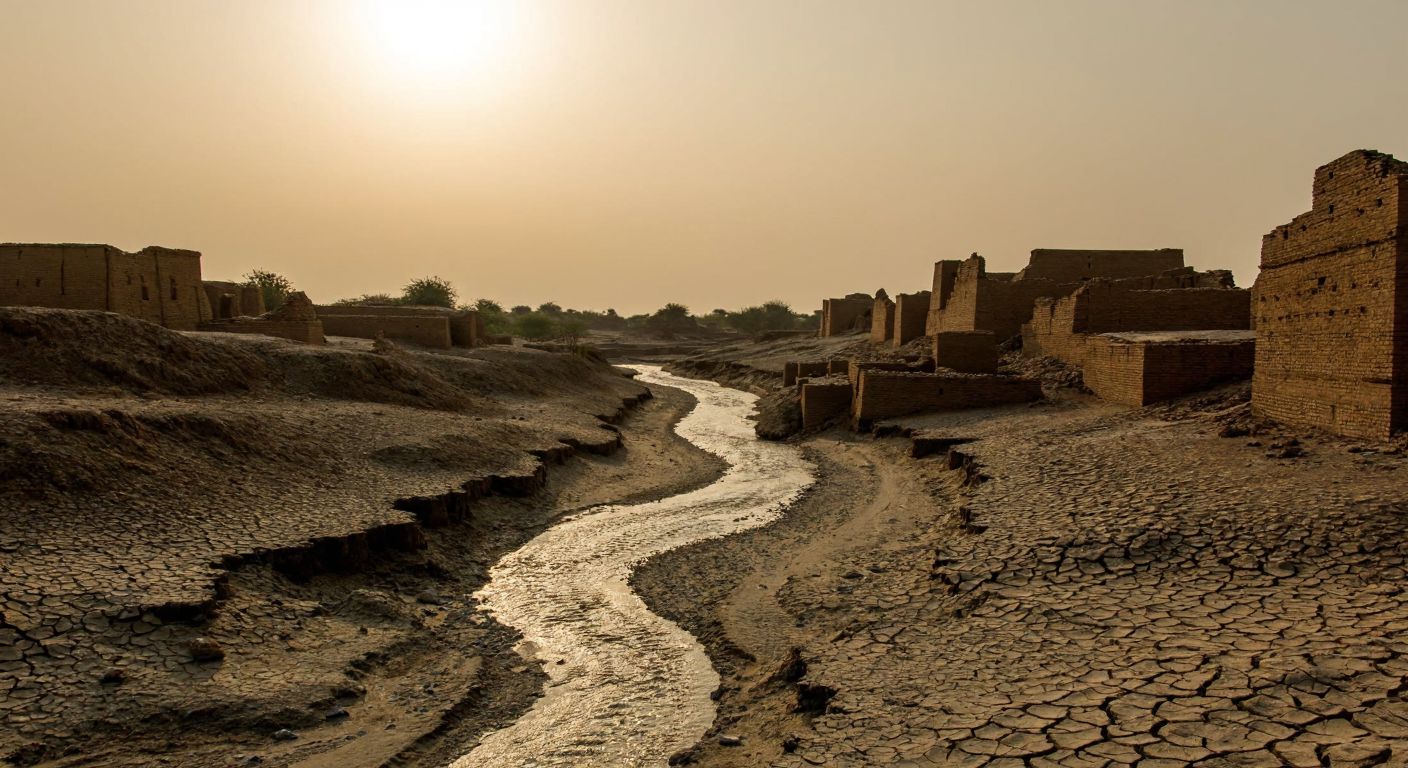 A cracked, barren landscape with a dried-up riverbed under a scorching sun, surrounded by crumbling ancient brick structures and withered crops, conveying the collapse of the Indus Valley Civilization due to environmental and climatic hardships.
