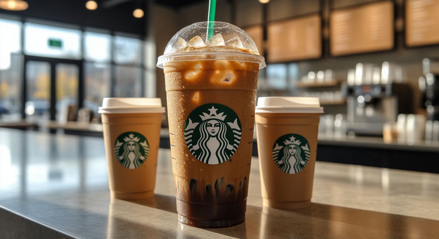 A towering, frosty Starbucks trenta cup filled with iced coffee stands prominently on a counter, dwarfing smaller venti and grande cups beside it, with condensation glistening on its surface under warm café lighting.