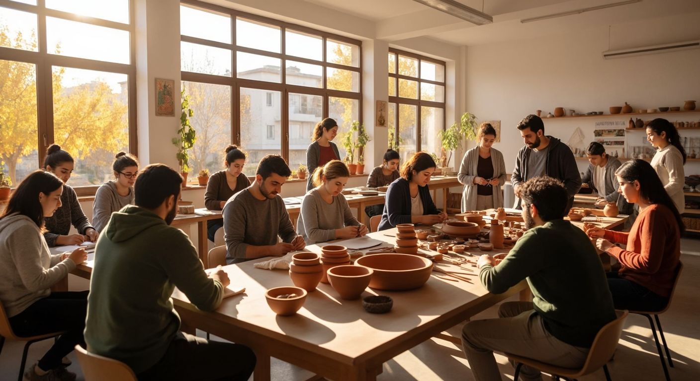 A diverse group of people of varying ages—teenagers, adults, and elderly—gathered in a bright, modern classroom in Gaziantep, attentively learning skills like pottery, sewing, or music, with warm sunlight streaming through the windows.