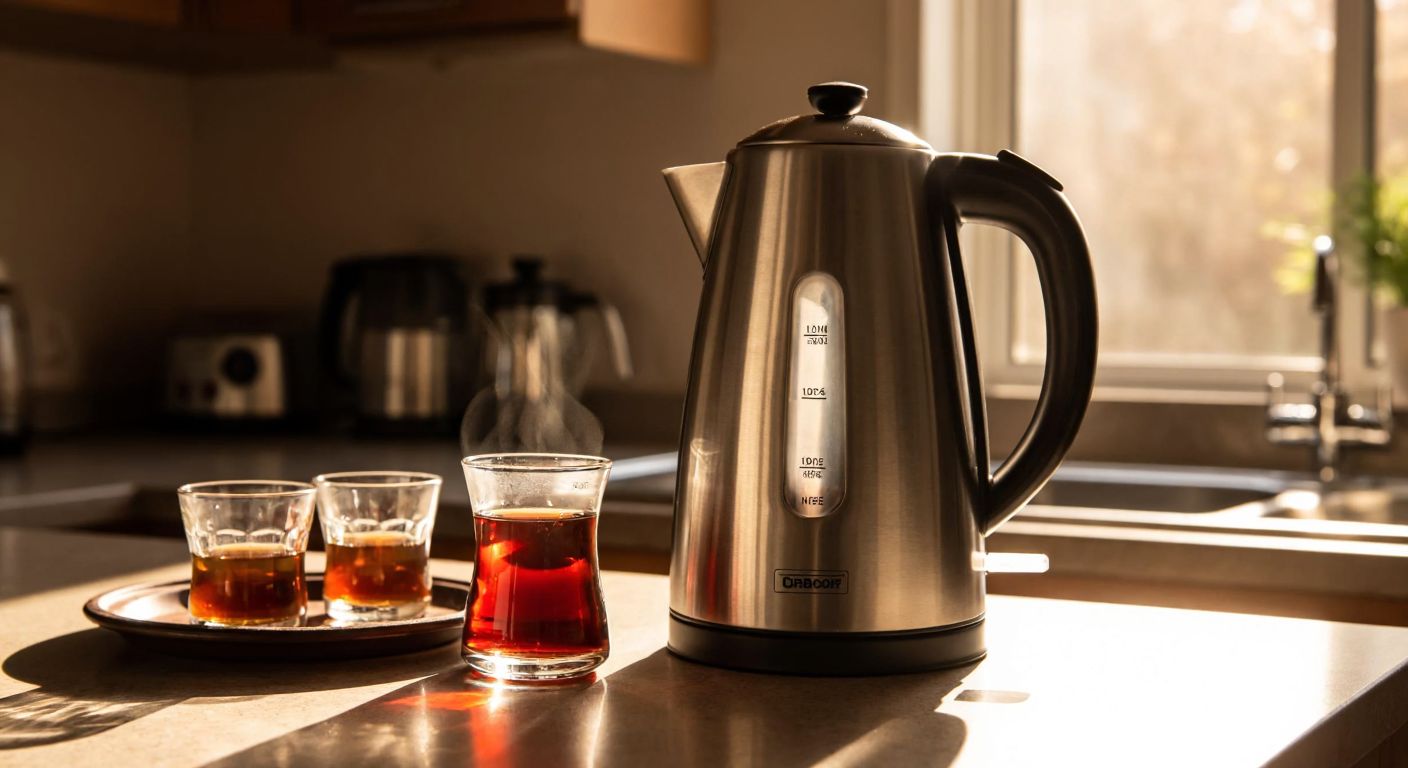A stainless steel electric kettle with clear water level markings in milliliters, sitting on a kitchen counter in warm Turkish sunlight, surrounded by small tea glasses and a traditional Turkish tea tray.