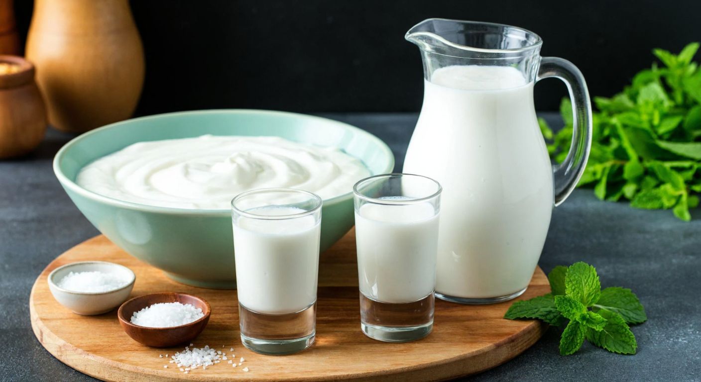 A Turkish kitchen counter with a large bowl of creamy white yogurt, a pitcher of freshly made frothy ayran, and three small glasses ready to be filled, surrounded by fresh mint leaves and a sprinkle of salt.