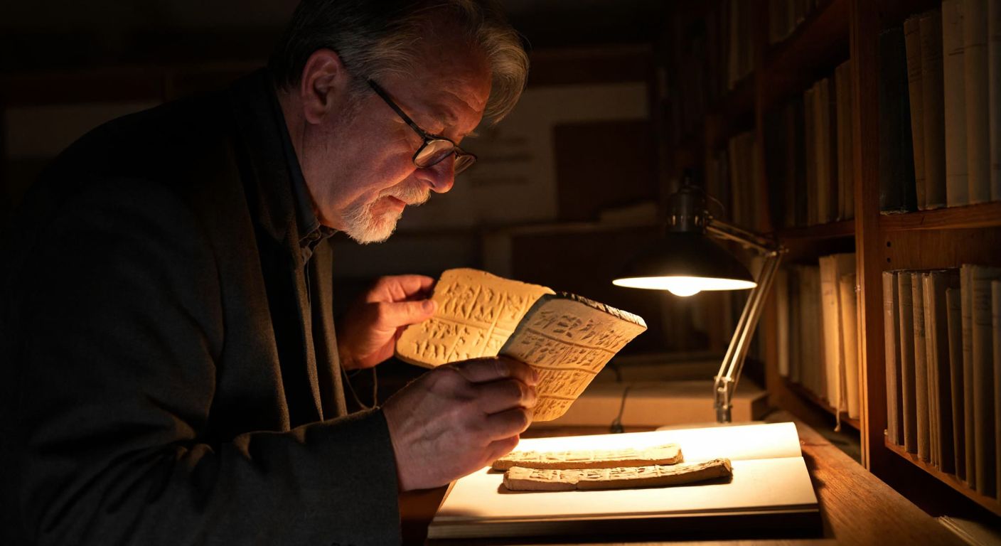 An elderly scholar with glasses carefully examines ancient Sumerian clay tablets under warm lamplight in a dusty museum archive.