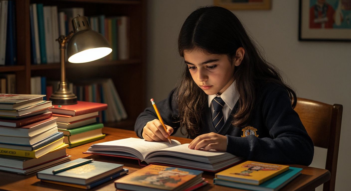 A focused Turkish middle school student with dark hair and a school uniform sits at a wooden desk, intently studying a colorful Sinan Kuzucu 8th-grade workbook, surrounded by stacked books and a pencil case, with a warm lamp casting light on the pages.