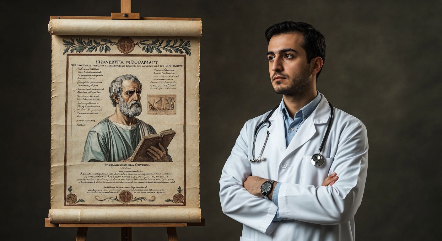 A solemn Turkish doctor in a white coat stands between an ancient Greek scroll symbolizing the Hippocratic Oath and a modern medical diploma representing the Physician's Oath, with a thoughtful expression.