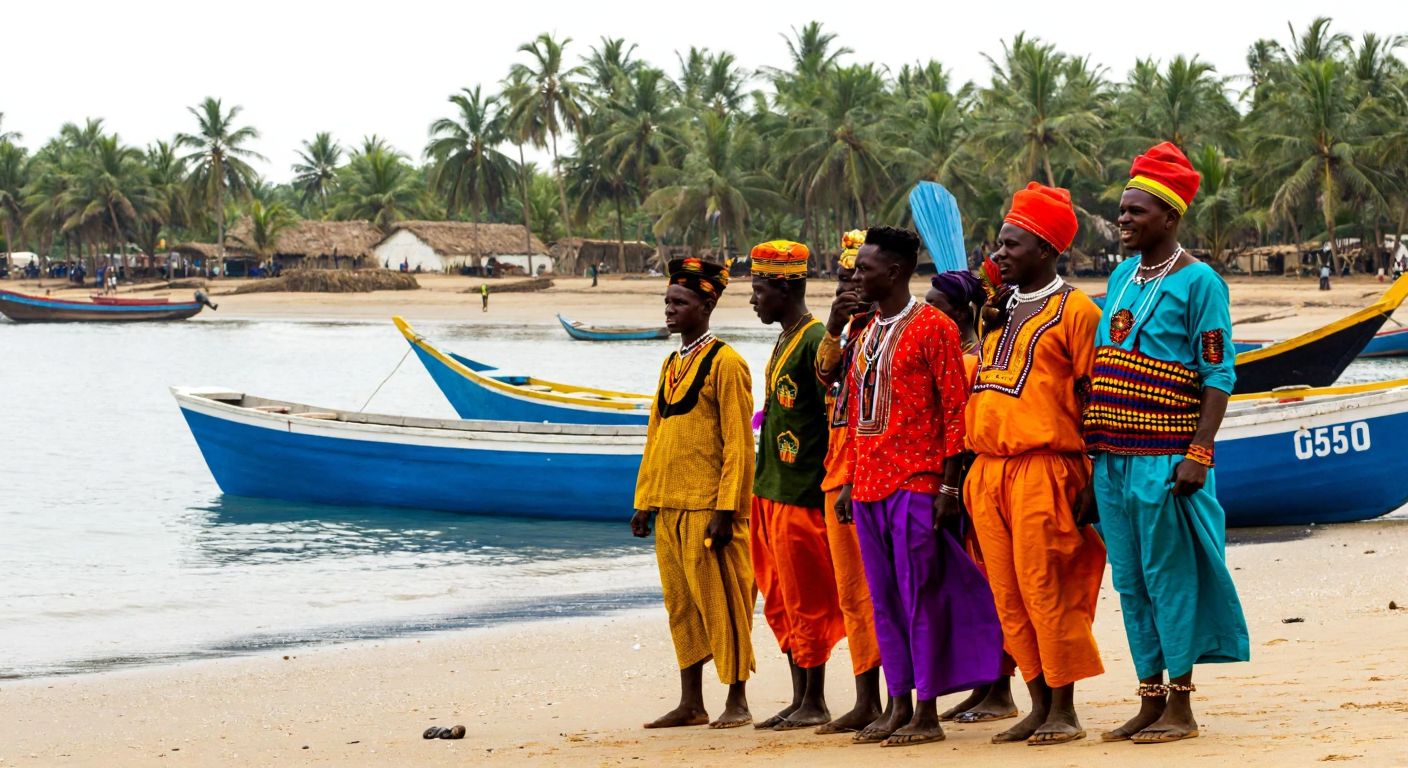 A group of Susu people in vibrant traditional attire standing by the coastal shores of West Africa, with fishing boats and palm trees in the background.