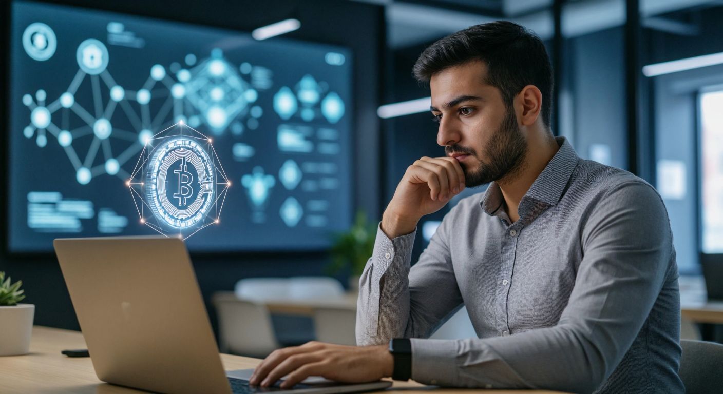 A focused Turkish entrepreneur in a modern office, thoughtfully examining a glowing digital token hovering above a laptop, surrounded by blockchain network visuals and a whiteboard with abstract technical sketches.