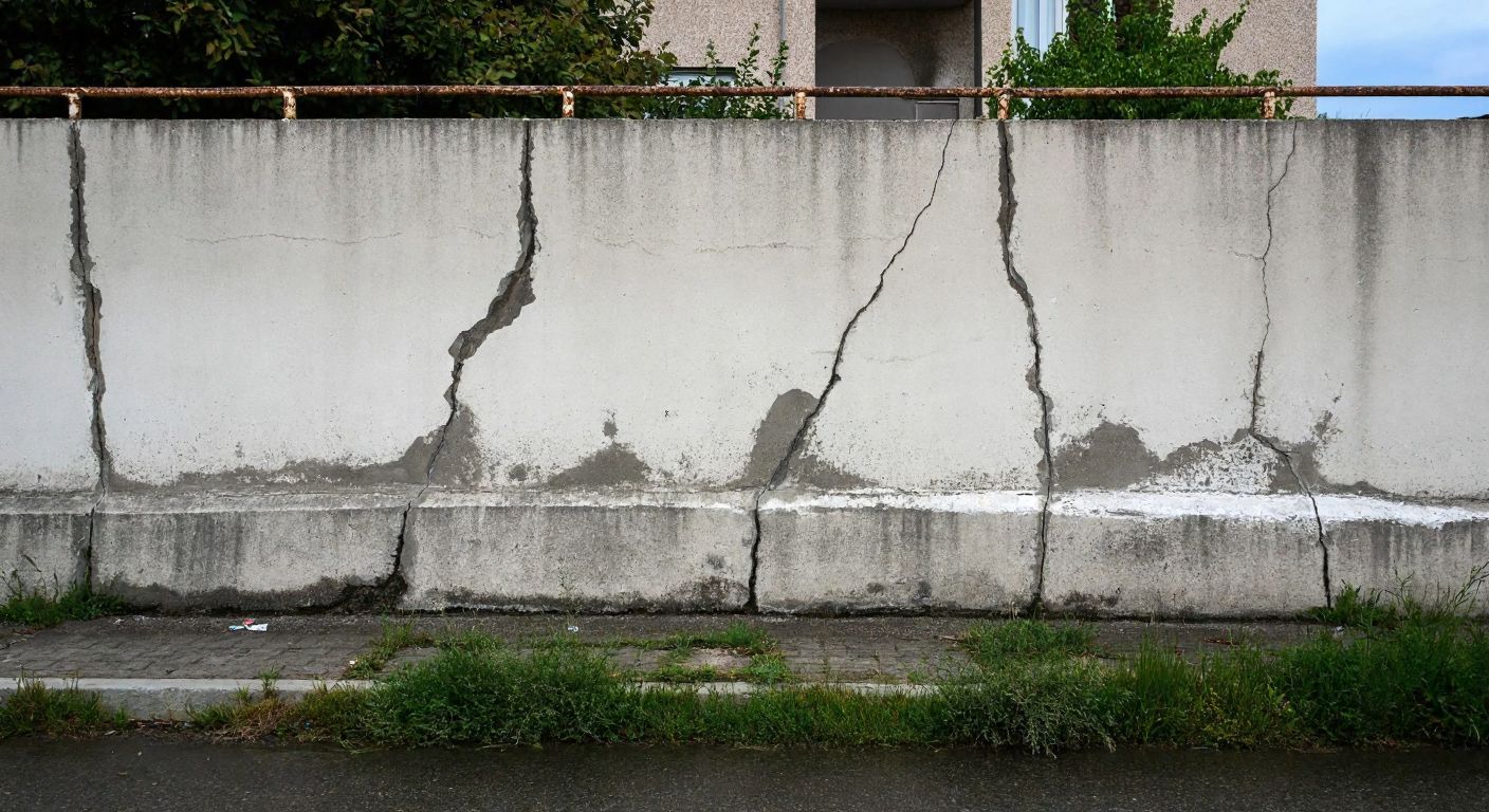 A cracked concrete wall in an urban Turkish neighborhood, with water seeping through the fissures, reflecting both structural decay and the weight of unseen societal pressures.
