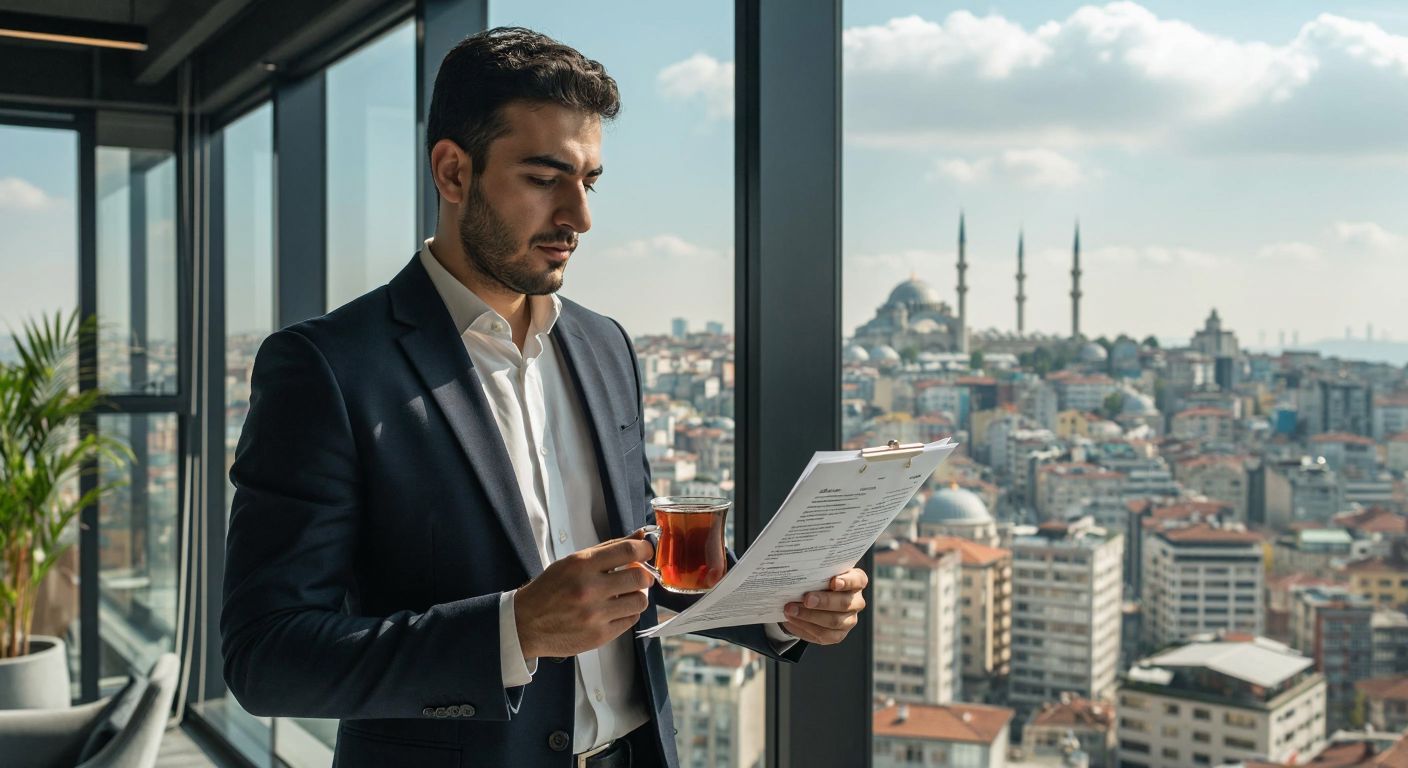 A Turkish investor in a crisp suit confidently reviews financial documents while standing in a modern Istanbul office with a skyline view, holding a cup of traditional Turkish tea.