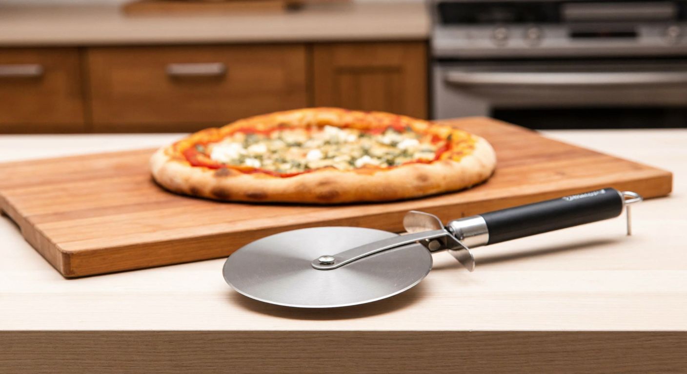 A round metal pizza cutter with a sharp rotating blade rests beside a wheel-shaped pizza roller with a handle, both placed on a wooden kitchen counter with a freshly baked Turkish pide in the background.