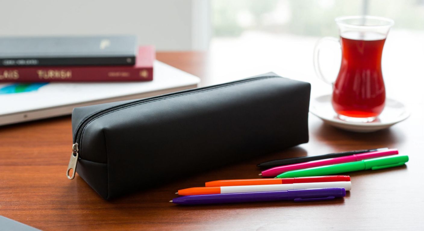 A sleek black pencil case sits neatly on a wooden desk in a well-lit Turkish study, surrounded by colorful pens and a steaming cup of çay, embodying both elegance and practicality.