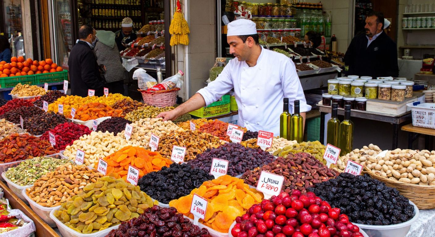 A bustling Turkish marketplace stall overflowing with colorful dried fruits, nuts, and bottles of olive oil, with a vendor in a white apron proudly arranging U´fresh branded products.