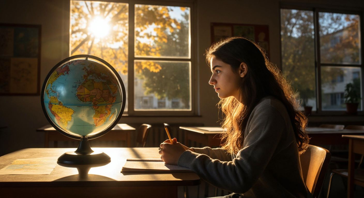 A Turkish student in a classroom gazes thoughtfully at a globe tilted on its axis, with sunlight streaming through a window, casting shadows that illustrate seasonal changes.
