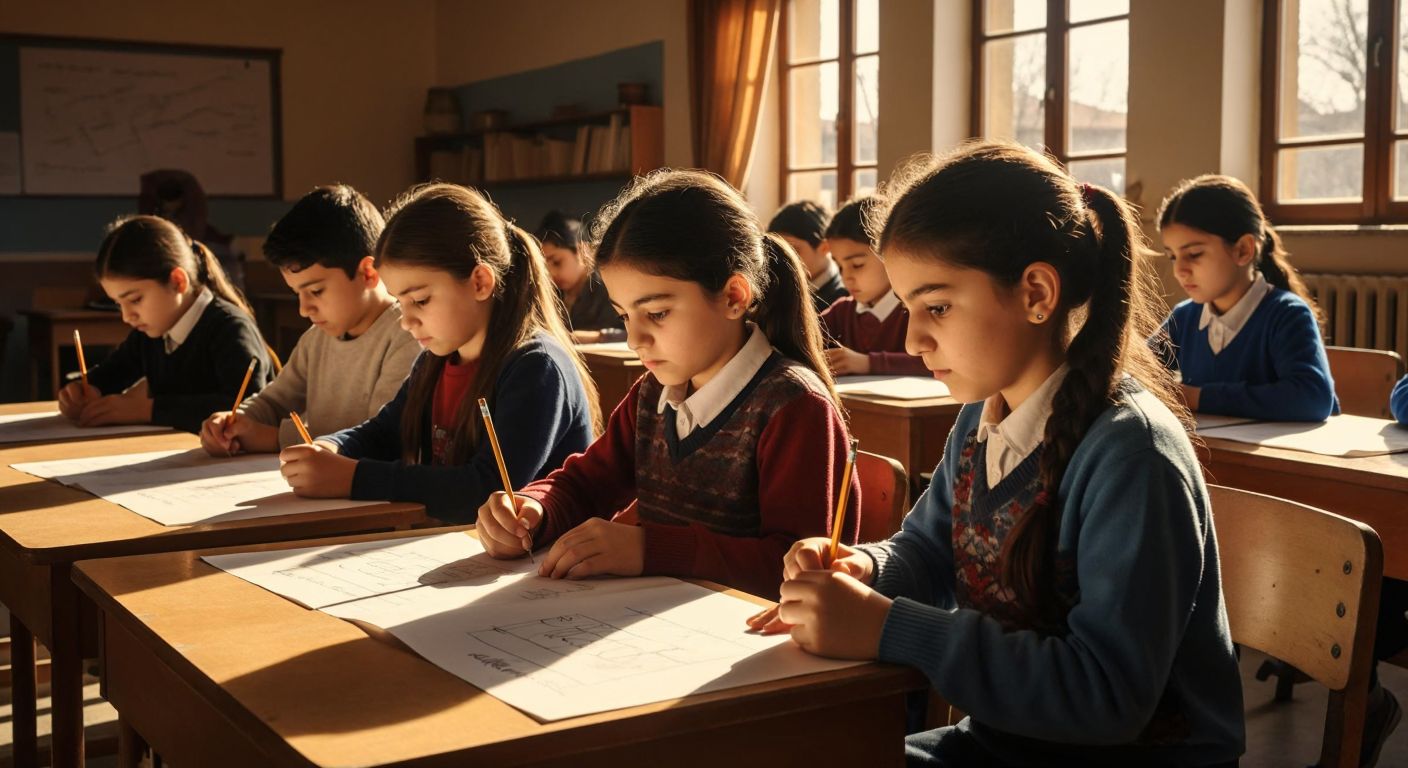 A group of focused Turkish fifth-grade students sitting at wooden desks in a sunlit classroom, each holding a pencil and looking determined while solving math problems on paper.