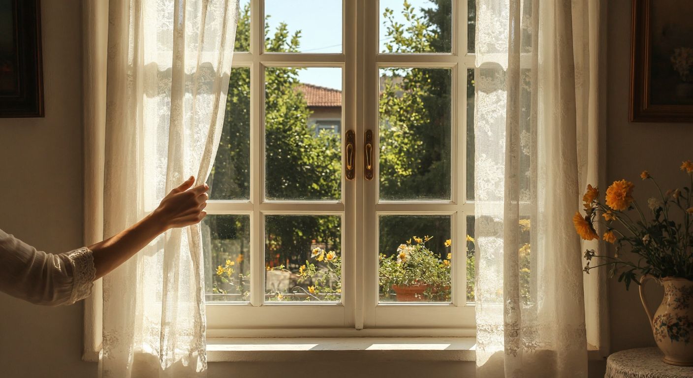 A sunlit Turkish home with white wooden double-hung windows, one panel swung outward by a hand turning the brass handle, while a gentle breeze lifts the sheer lace curtains inside.