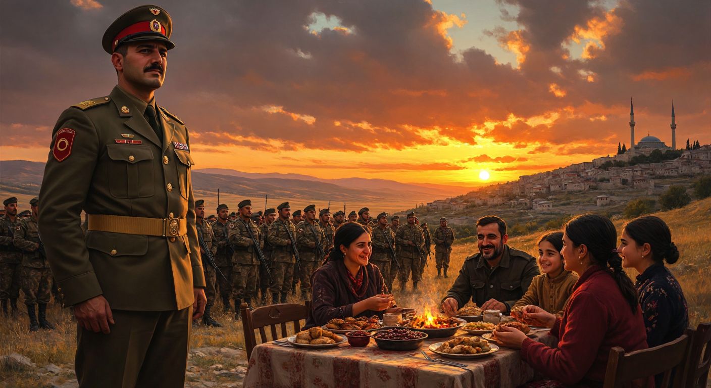 A proud Turkish soldier in uniform stands confidently in front of a military formation, while a warm, joyful family nearby shares a traditional meal under a vibrant Anatolian sunset.