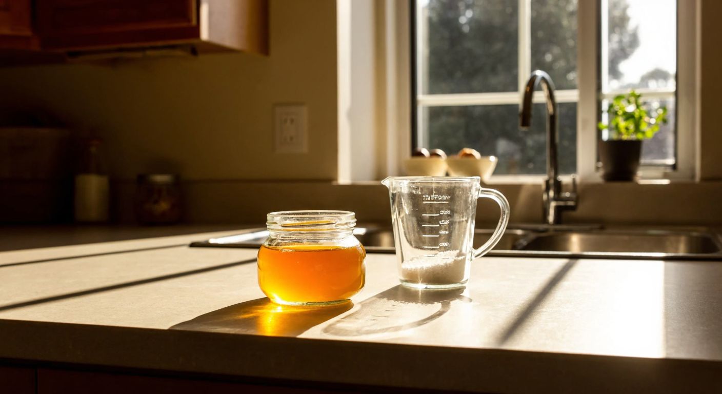 A Turkish kitchen counter with a small glass jar of golden honey and a measuring cup filled with sugar, bathed in warm sunlight streaming through a window.