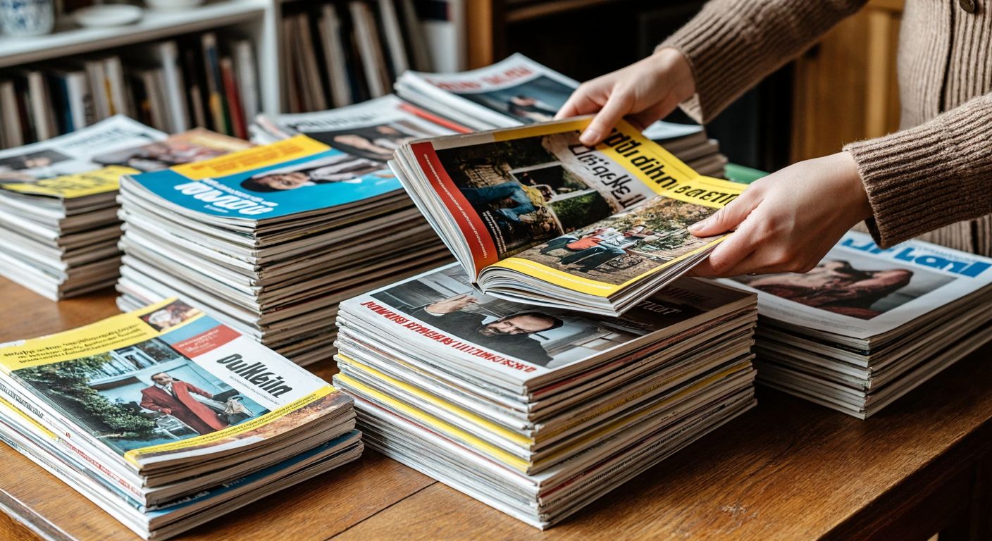 A stack of well-worn Turkish magazines with colorful covers spread across a wooden table, their pages slightly yellowed, while a pair of hands flips through one issue with focused curiosity.