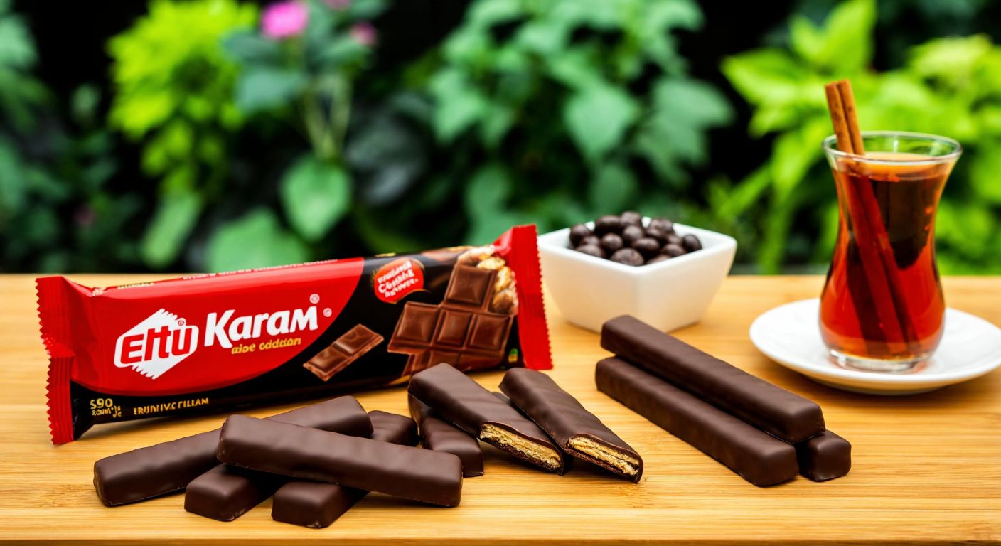 A vibrant display of Eti Karam chocolate varieties—%45 Bitter Kare squares, Gurme bars with wafer layers, and Sticks dipped in chocolate—arranged on a wooden table with a warm Turkish tea glass in the background.