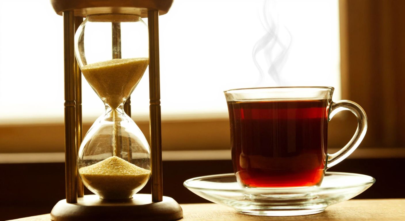 A traditional Turkish hourglass with golden sand slowly trickling down, placed on a wooden table beside a steaming cup of çay, symbolizing the passage of time in a cozy setting.