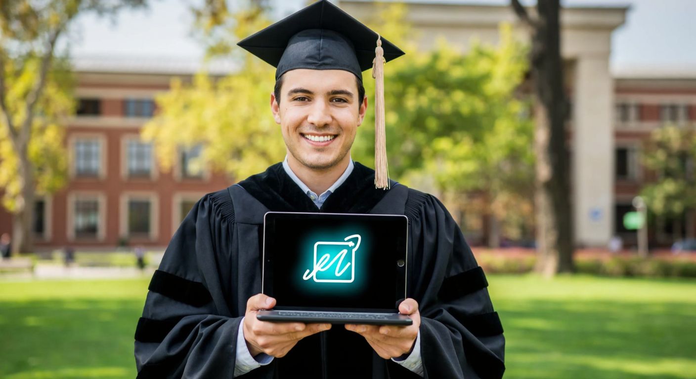 A young graduate in a formal cap and gown smiles while holding a digital tablet displaying a glowing e-signature, with a Turkish university campus in the background.
