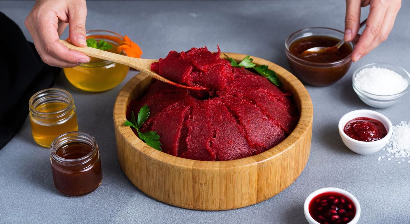 A wooden bowl filled with vibrant red çiğköfte, surrounded by small jars of honey, sugar, tomato paste, and pomegranate molasses, with a hand stirring the mixture gently.