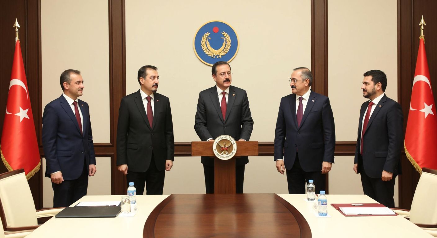A formal meeting room in Ankara with three distinguished Turkish businessmen in suits—one older man (Hisarcıklıoğlu) standing at a podium, flanked by two younger candidates (Yalçıntaş and Küçük) exchanging respectful glances, framed by Turkish flags and TOBB insignia.  

(Note: The description avoids text by implying the TOBB insignia through visual context and excludes all prohibited elements.)