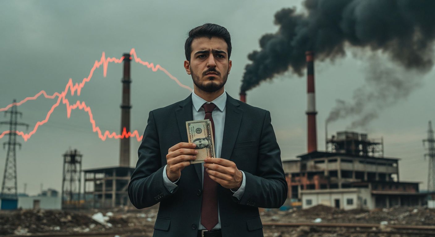A solemn Turkish economist in a suit stands before a downward-trending graph, holding a wilting lira banknote while a factory smokestack fades in the background.