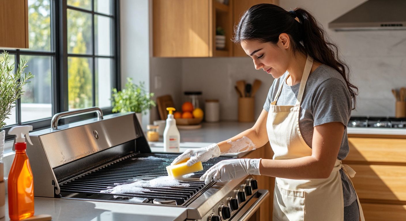 A Turkish woman in a bright kitchen wearing an apron scrubs a stainless steel four-burner grill with a sponge and soapy water, surrounded by cleaning supplies like a spray bottle and a soft brush, while the detached grill parts dry on a cloth nearby.