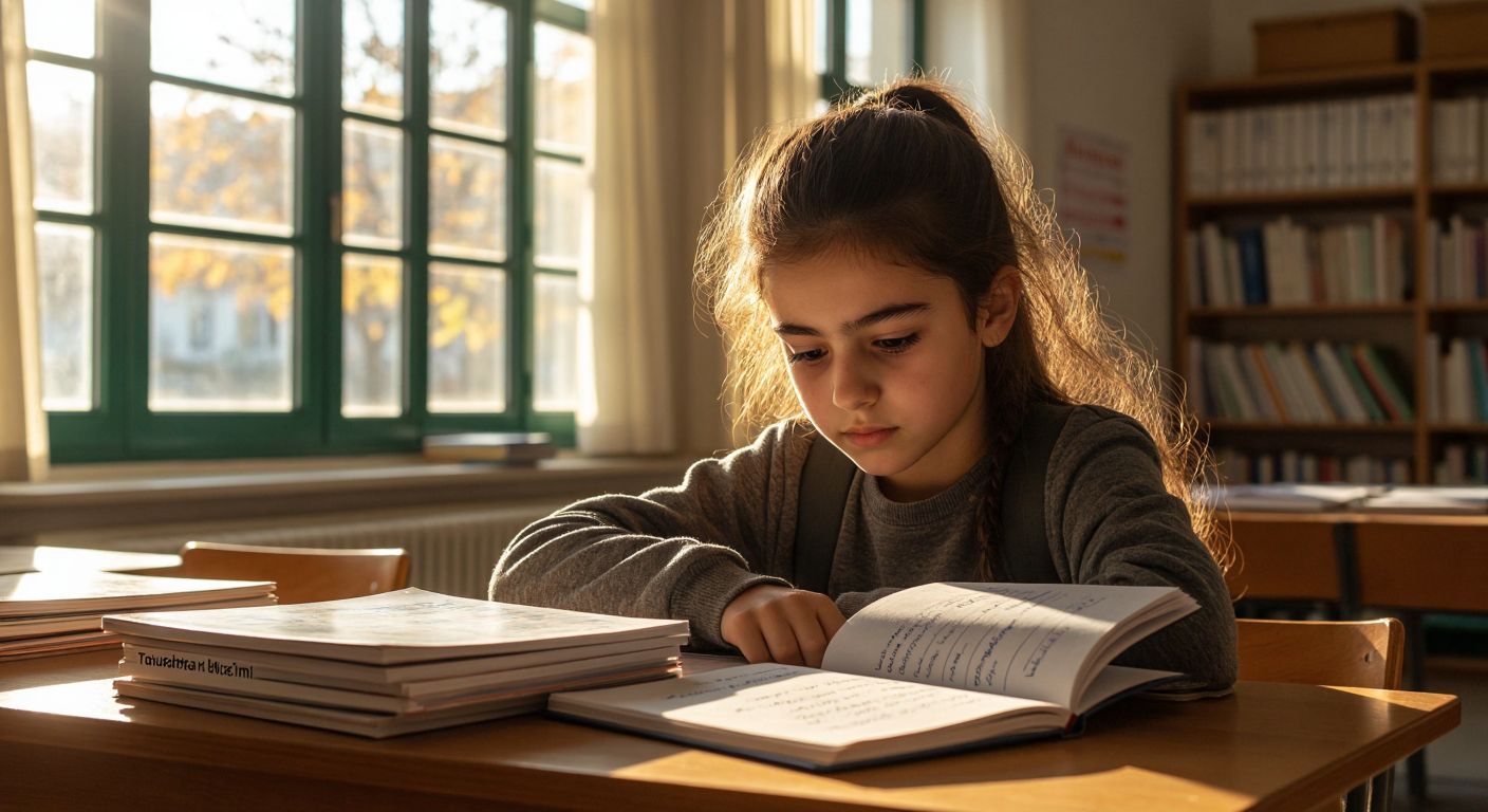 A focused Turkish middle-school student sits at a wooden desk, surrounded by neatly stacked test booklets labeled with subjects like "Türkçe," "Matematik," and "Fen Bilimleri," while sunlight streams through a classroom window onto a notebook filled with handwritten answers.