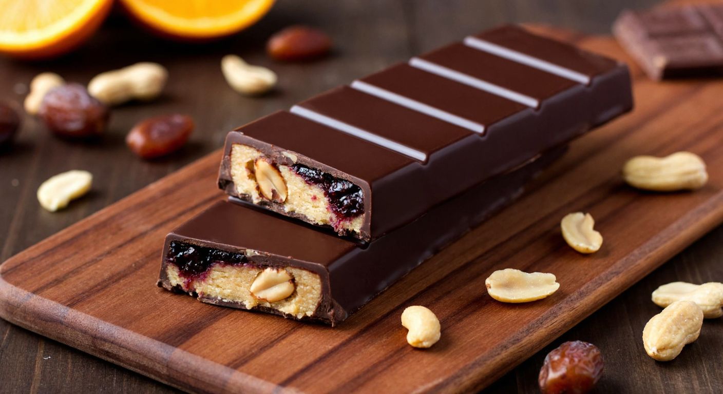 A rich, glossy chocolate bar on a wooden table, cracked open to reveal a creamy hazelnut paste filling with swirls of dark mulberry jam, surrounded by scattered peanuts, orange slices, and dates.