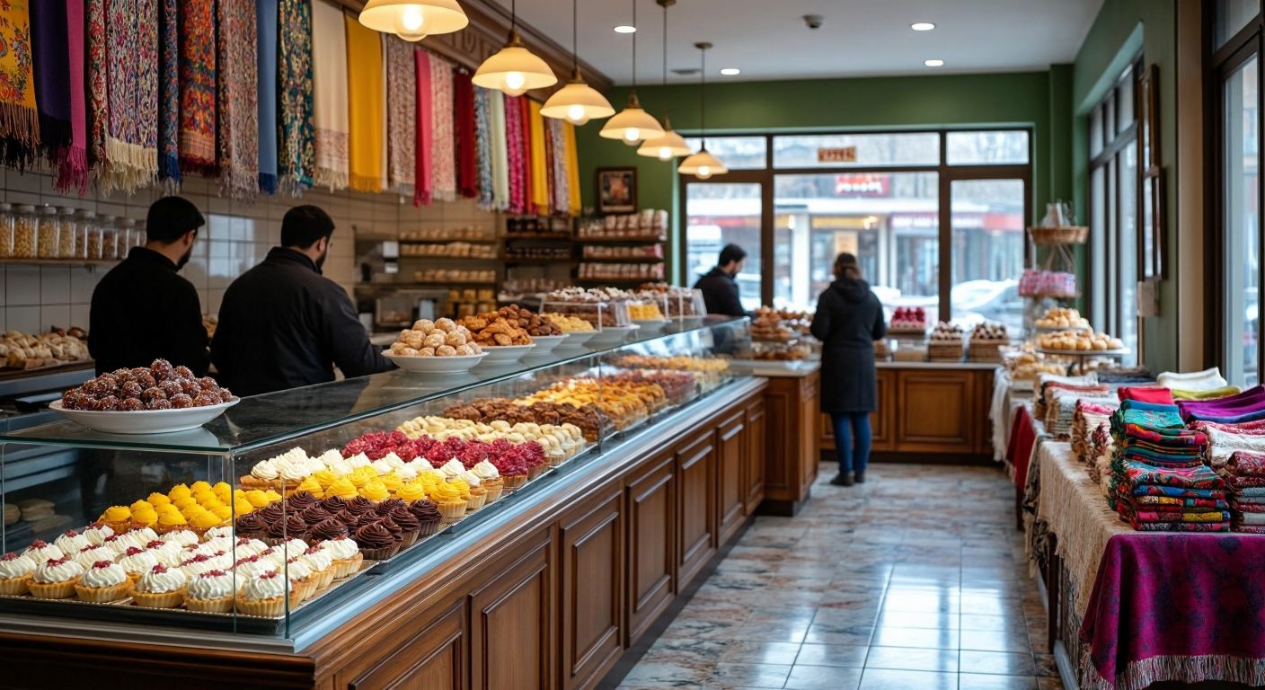 A bustling pastry shop in Bursa with colorful Turkish desserts displayed in glass cases, contrasted by a cozy Ukrainian food stall in Edmonton serving pierogi, and a vibrant textile store in South Africa with racks of colorful fabrics.