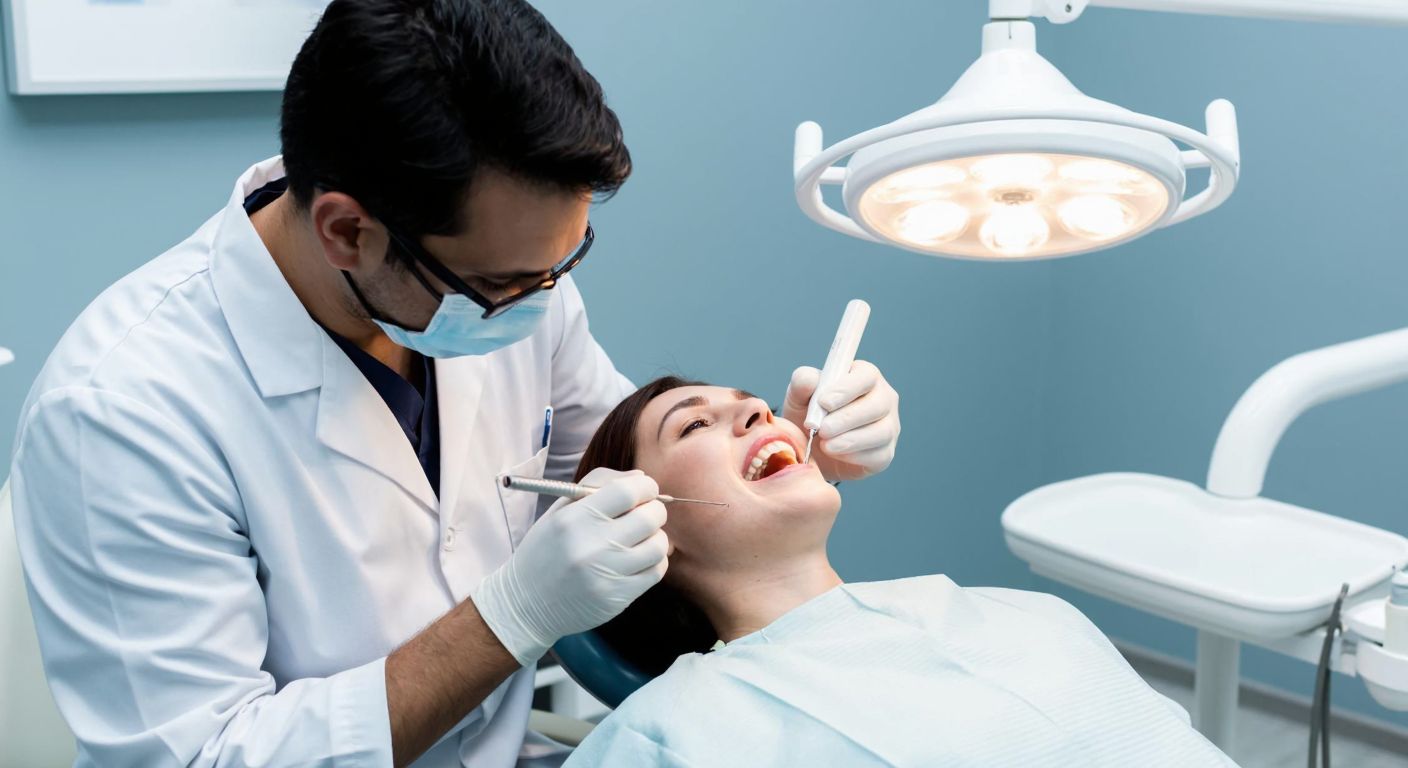 A dentist in a white coat carefully applying a dental composite syringe to a patient's tooth under a bright halogen light in a modern dental clinic.