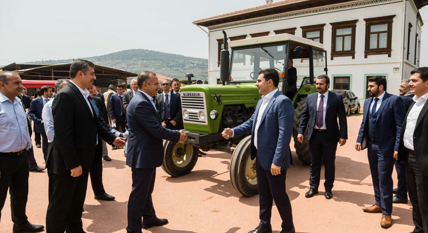 A bustling Turkish family-owned business scene with a group of men in formal attire shaking hands in front of a vintage tractor and a traditional white company building, exuding pride and unity.