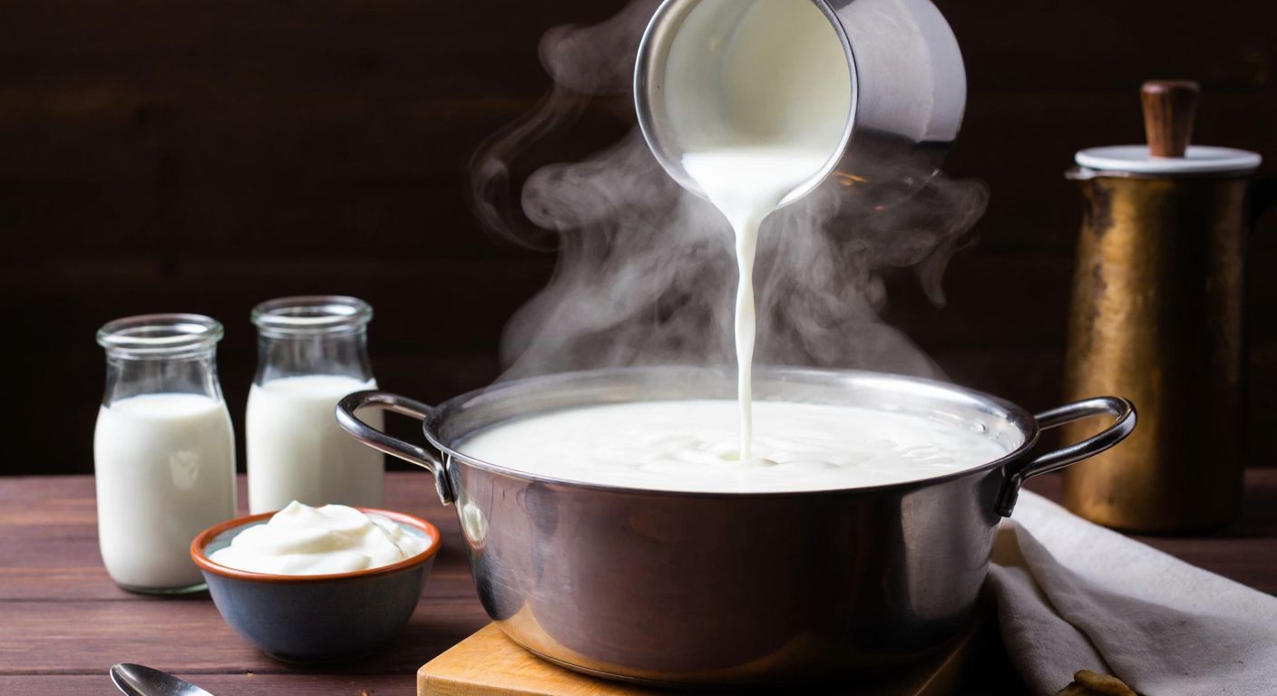 A warm Turkish kitchen with a large stainless steel pot of creamy white yogurt resting on a wooden table, surrounded by fresh milk in glass jars and a small ceramic bowl of yogurt starter, with steam gently rising from the pot.