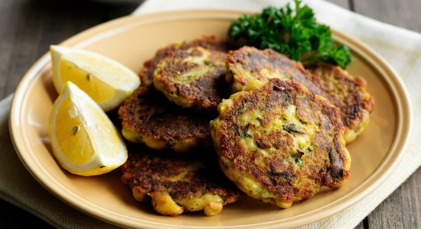 A golden-brown plate of crispy fried sardine and mackerel fritters, resembling mücver, served on a rustic wooden table with a side of fresh lemon wedges and parsley.