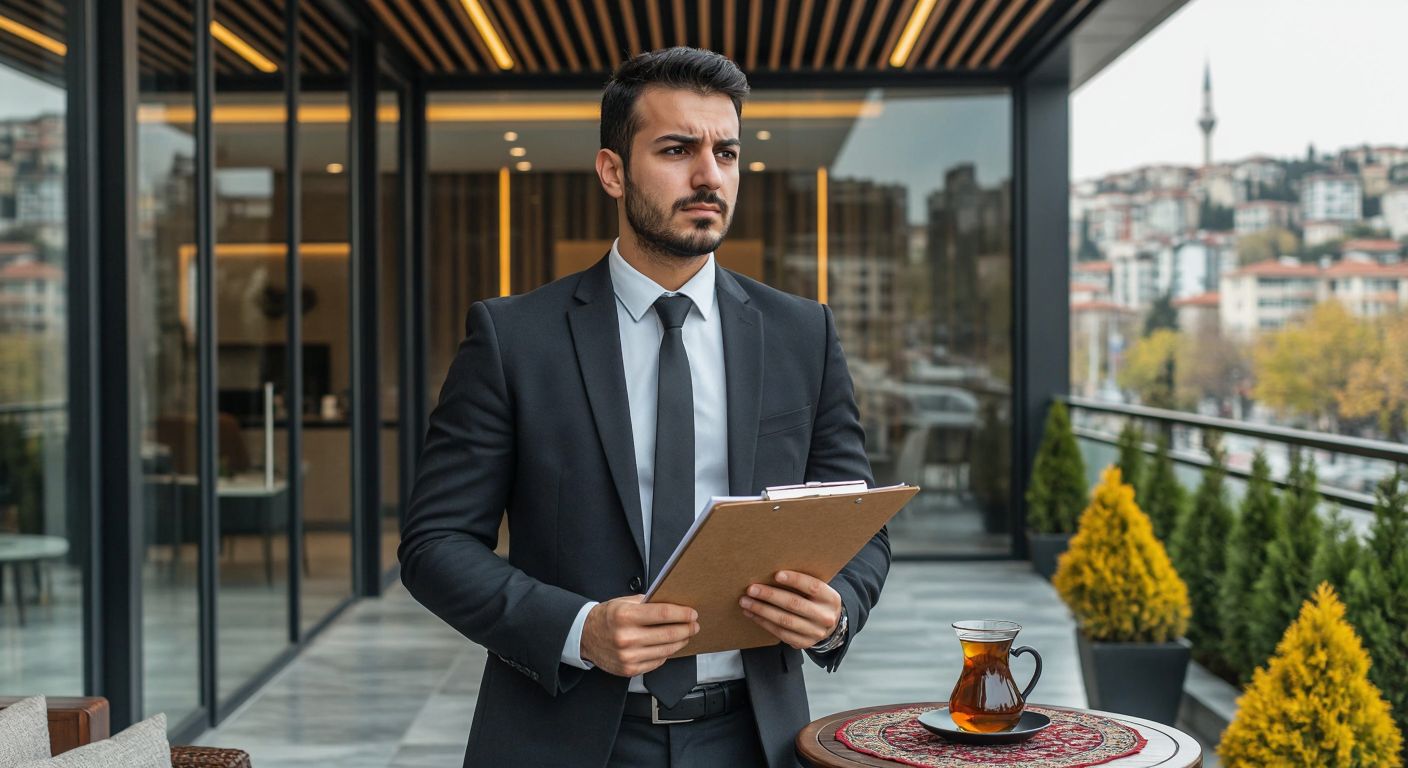 A Turkish businessman in a suit stands thoughtfully in front of a modern real estate office in Istanbul, holding a folder of documents while a mix of skeptical and approving expressions cross his face, with a traditional Turkish tea set on a small table nearby.