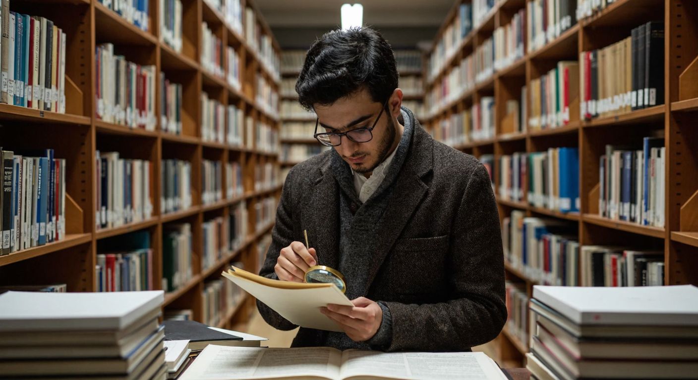 A focused Turkish researcher in a university library, surrounded by towering bookshelves and stacks of academic journals, carefully examining a highlighted paper with a magnifying glass.