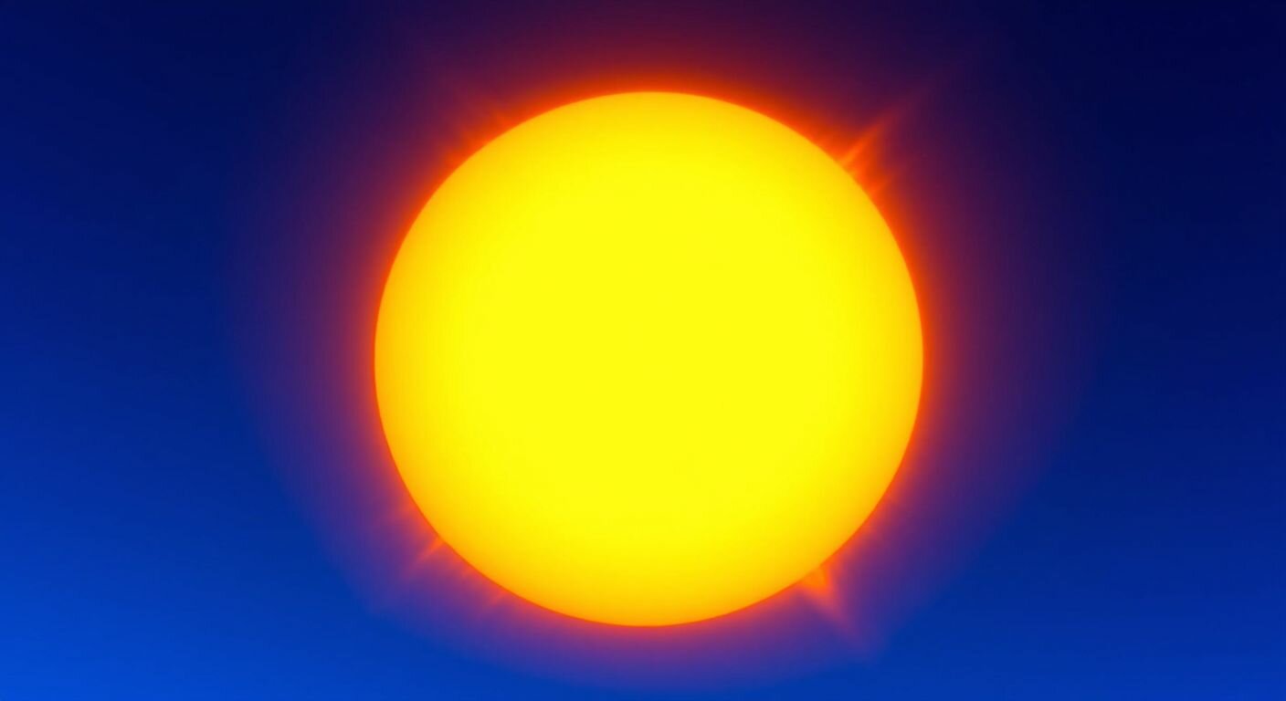 A bright, glowing yellow-orange sphere with slightly flattened poles, radiating warm light against a deep blue sky, resembling the sun's imperfect spherical shape.